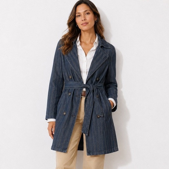 Chico's Jackets & Blazers - Chicos Dark Wash Denim Trench Coat Double Breasted Herringbone Long Jacket Sz 1